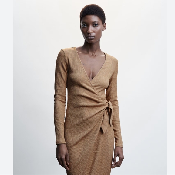 Mango Tan Wrap Tie Front Long Sleeve Dress - Picture 1 of 3